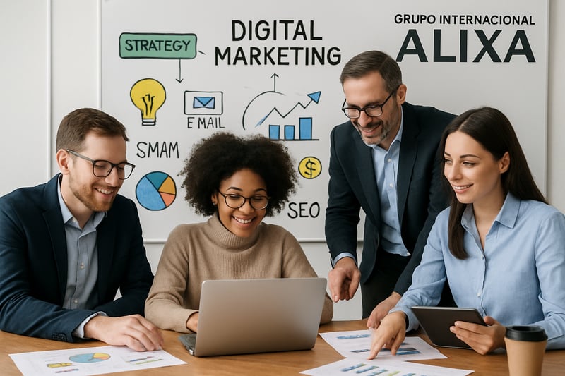 Equipo de Grupo Internacional Alixa trabajando en estrategias de marketing digital