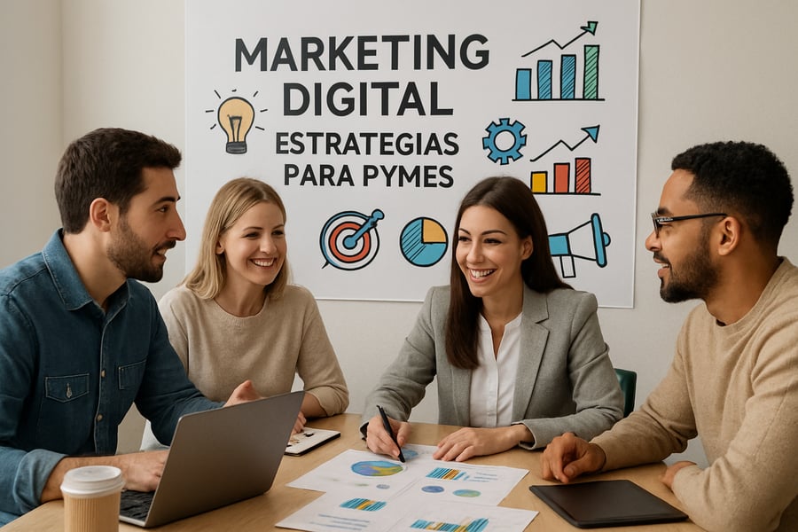 Equipo de marketing digital trabajando en estrategias para PYMES