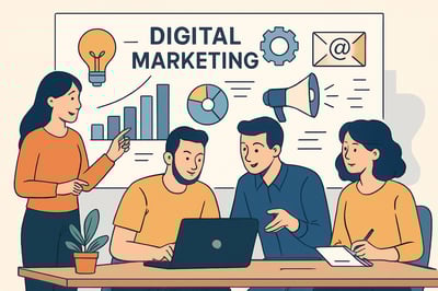 Ilustración de un equipo creativo trabajando en estrategias de marketing digital